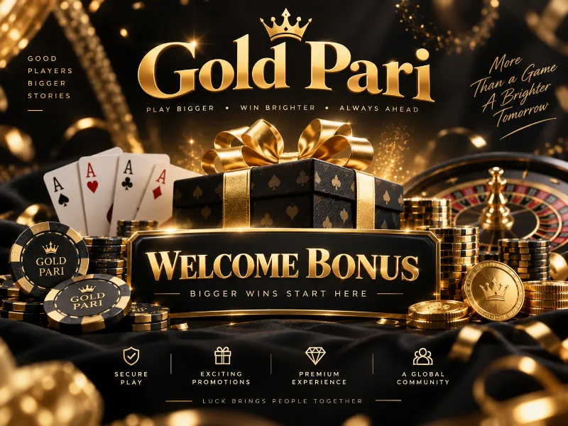 GoldPari welcome bonus banneri, o‘yin kartalari va kazino jetonlari