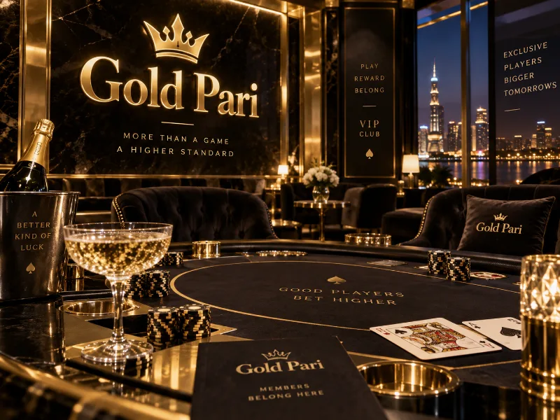 GoldPari kazino stoli, kartalar va hashamatli lounge interyeri